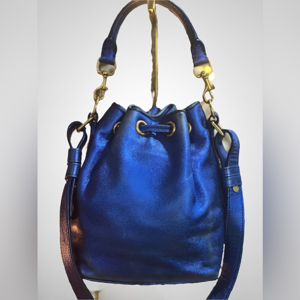 Saint Laurent Metallic Cobalt Blue Leather Emmanuel 2-way Crossbody Bucket Bag - Picture 3 of 15